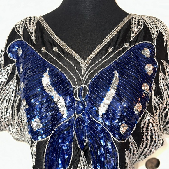 VINTAGE BUTTERFLY SEQUIN & SILK BLOUSE - Picture 2 of 8